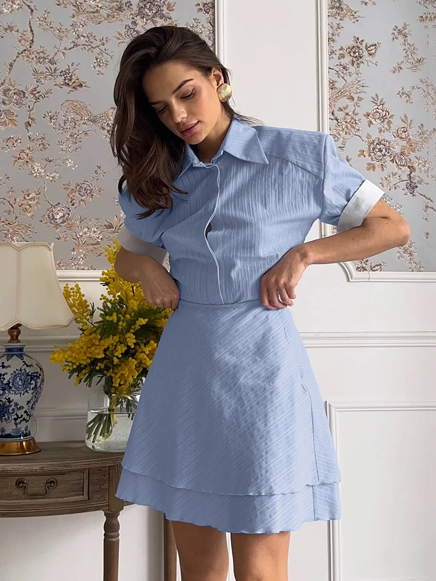 Marthaiqiq Cotton Ladies Sleepwear Suit Short Sleeve Nightgown Turn-Down Collar Nightwear Skirts Casual Femme Pajama 2 Piece Set