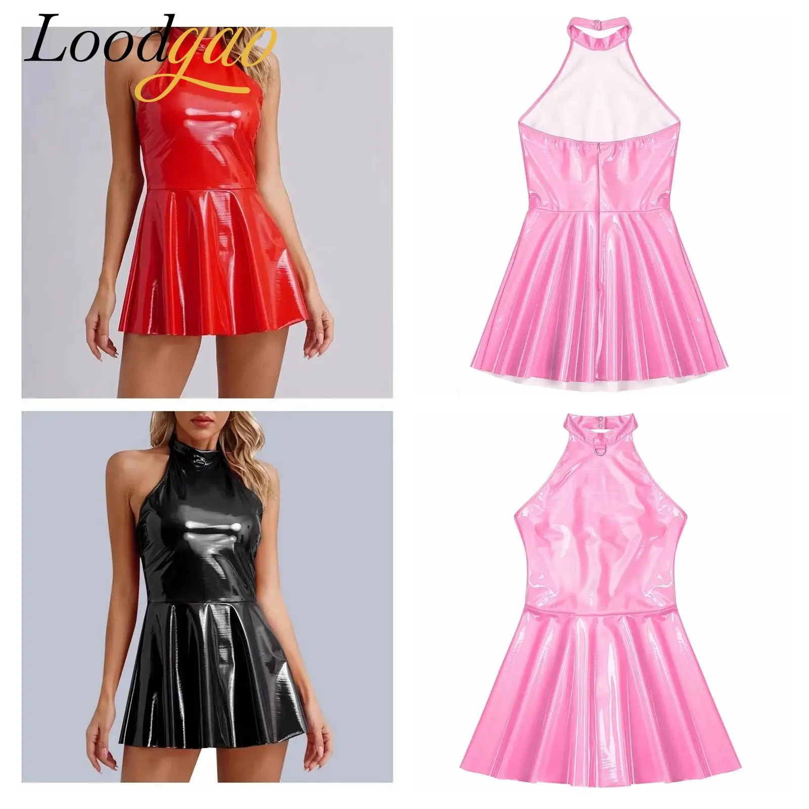 Womens Mini Dress Sexy Latex Dress Glossy Wet Look Patent Leather Dress Halter Sleeveless Nightclub Clubbing Disco Clubwear