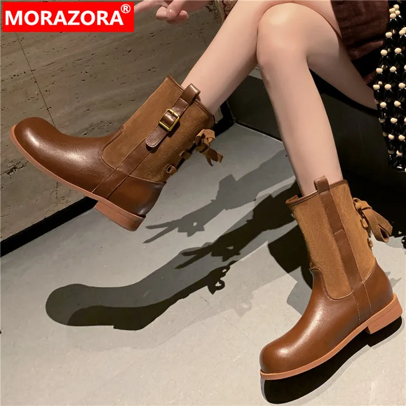 

MORAZORA 2024 New Genuine Leather Lace Up Women Boots Ladies Buckle Mid Calf Boots Footwear Round Toe Autumn Winter Shoes