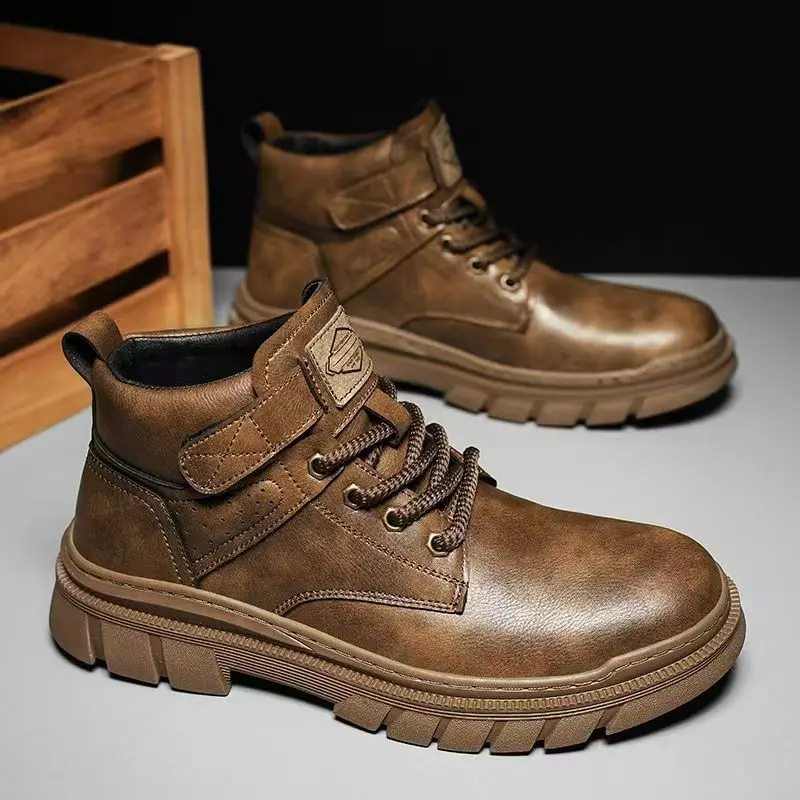 

Men's Autumn Winter New Leather Ankle Boots Thick Sole Non Slip Waterproof Lace Up Round Toe Retro Work Boots Motorcycle Boots
