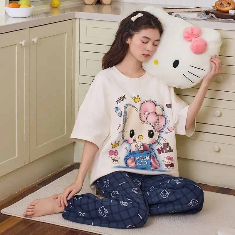 

Новые товары Sanrio для весны и лета: пижамы с короткими рукавами и штанами Hello Kitty, женский комплект, домашняя одежда.