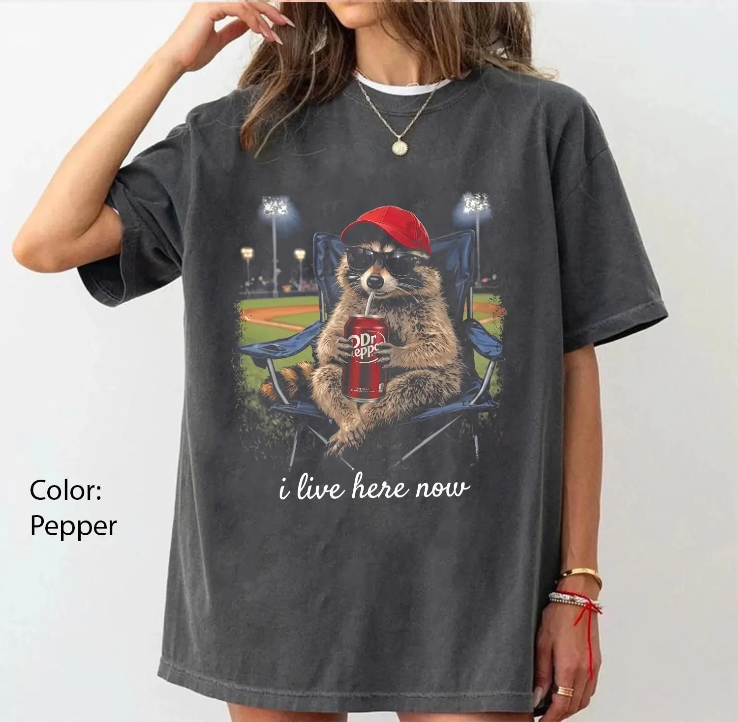 Raccoons Drinking I live Here Now T-Shirt Funny Meme Genz Dank Shirt Summer unisex Loose and Breathable cotton T-shirt Top