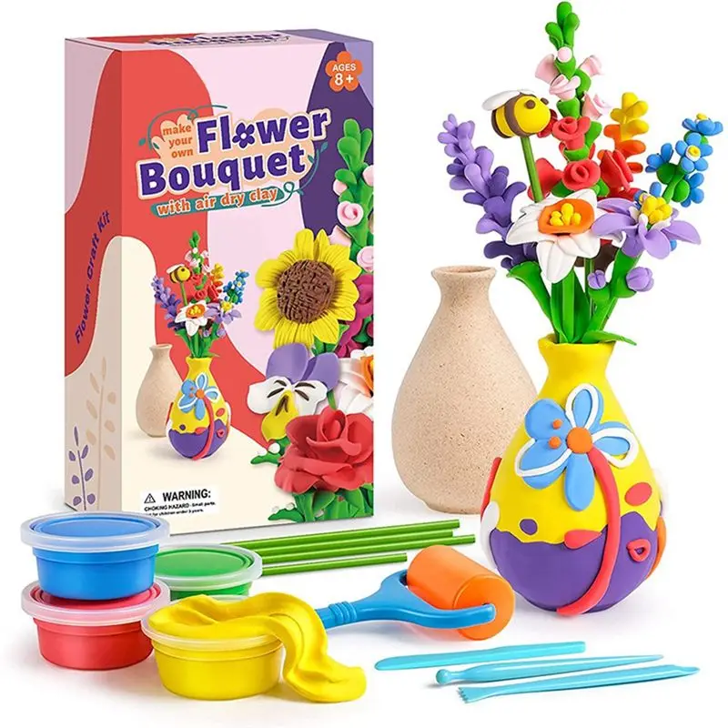 Children’s flower bouquet clay craft kit with vase and colourful clay