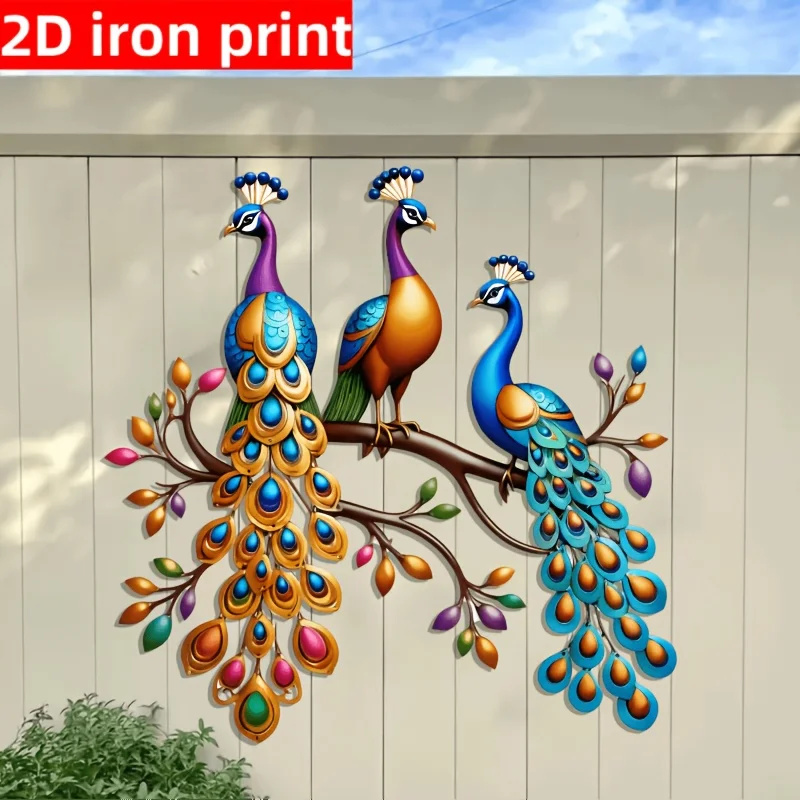 1pc 2D Bohemian Style Metal Peacock Wall Art Decor - Vibrant Colorful Feather Design, Weather-Resistant Outdoor Fence for Patio