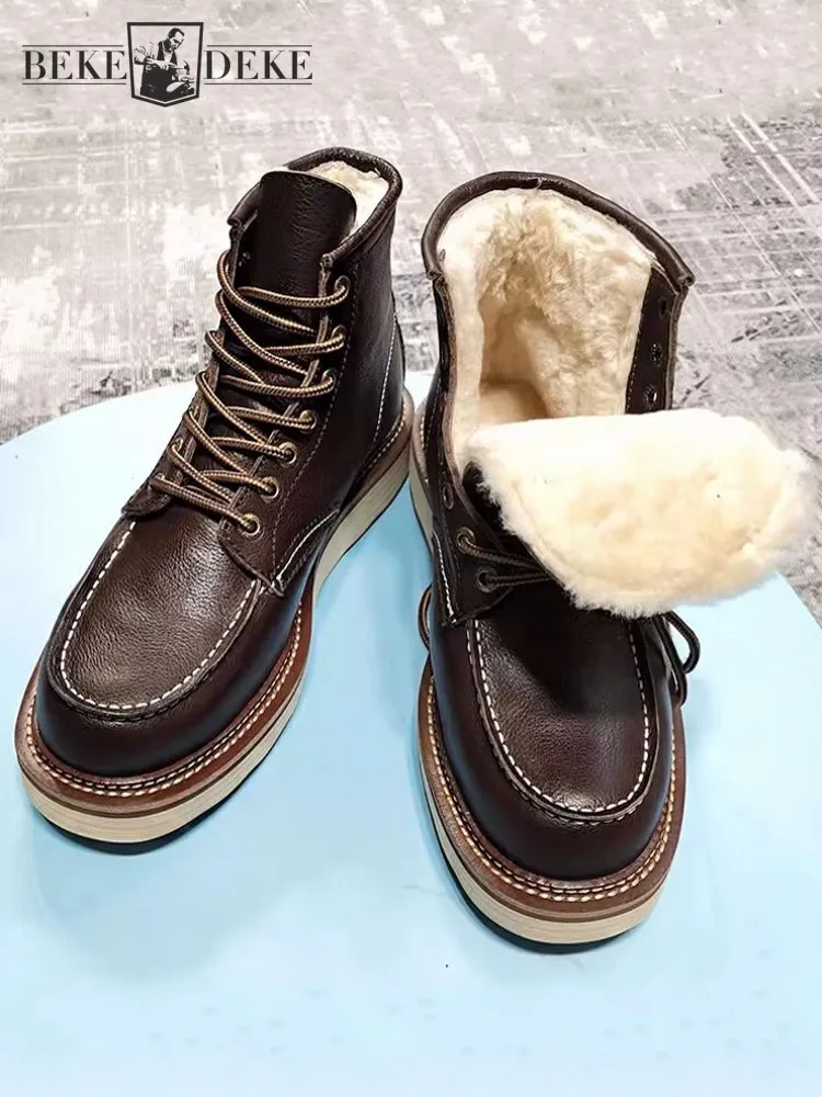 Mens Winter Thick Warm Wool Lining Snow Boots Lace Up Sheep Fur Cowhide Genuine Leather Work Boots Thick Platform High Top Shoes