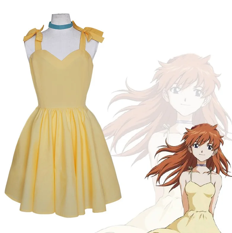 Asuka Langley Soryu Yellow Dress Cosplay Costume EVA Girl Halloween Carnival Outfits