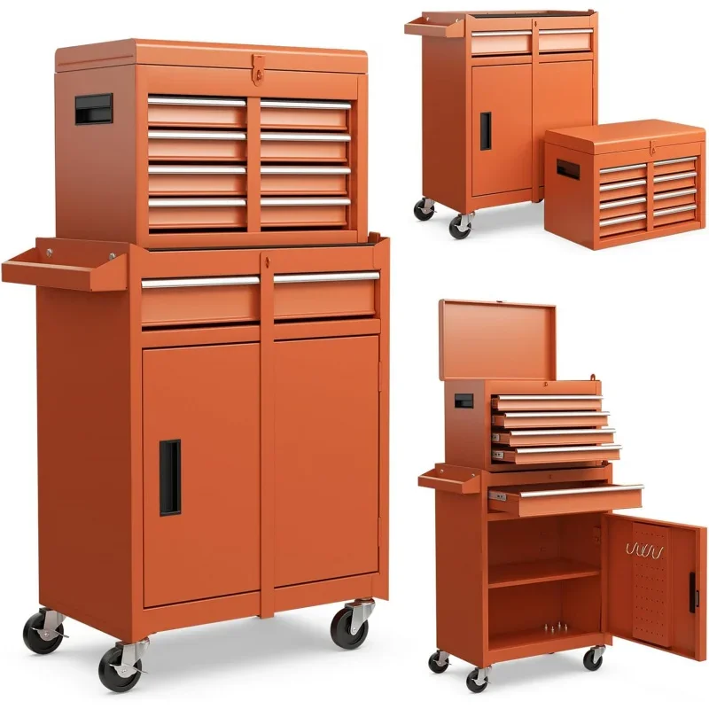 Rolling toolbox,5 drawer toolbox storage box with lockable wheels and sliding drawers and removable top and adjustable shelving,