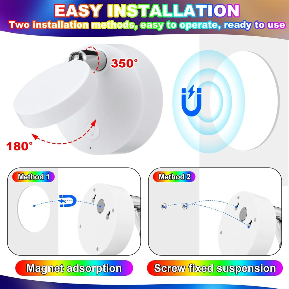 RGB وحدة إضاءة LED جداريّة مصباح قابلة للشحن ضوء الليل التحكم عن بعد للتدوير عكس الضوء غرفة نوم الأضواء اللاسلكية لديكور غرفة المعيشة