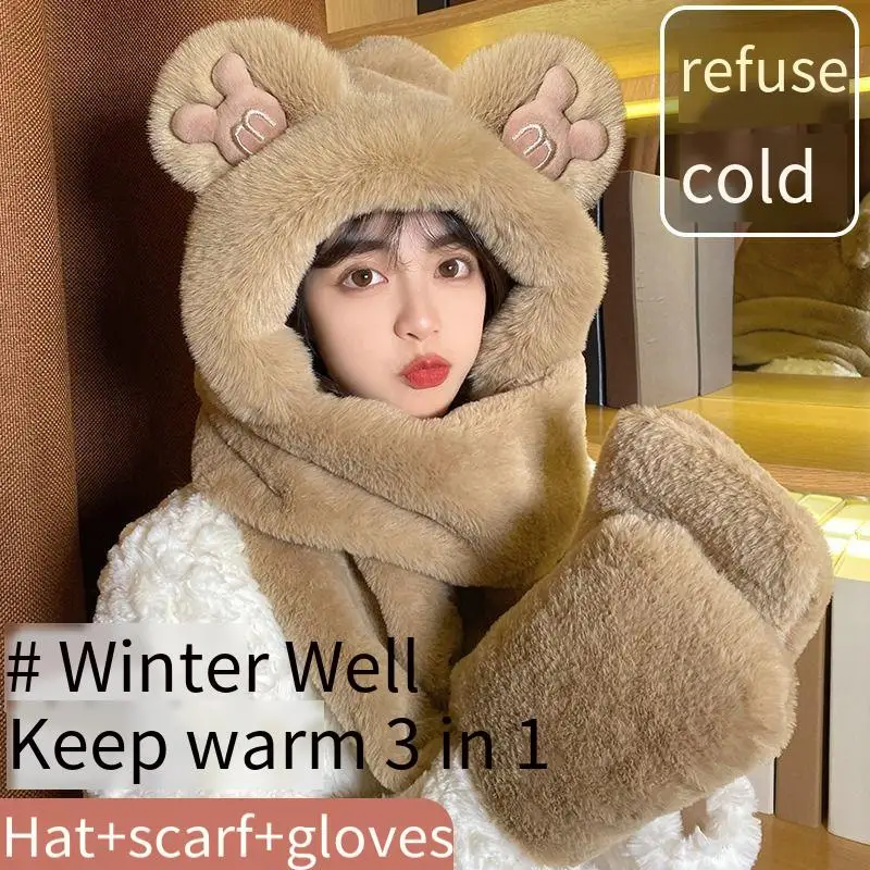

Комплект шарфов с медведем и капюшоном и перчатками, зимний теплый плюшевый трио для женщин, милый модный аксессуар с животным принтом в корейском стиле