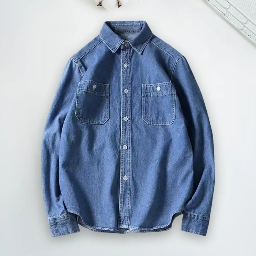 Trendy Male Shirt Jacket Skin-touch Solid Color Handsome Turndown Collar Buttons Shirt Jacket  Men Denim Shirt Streetwear