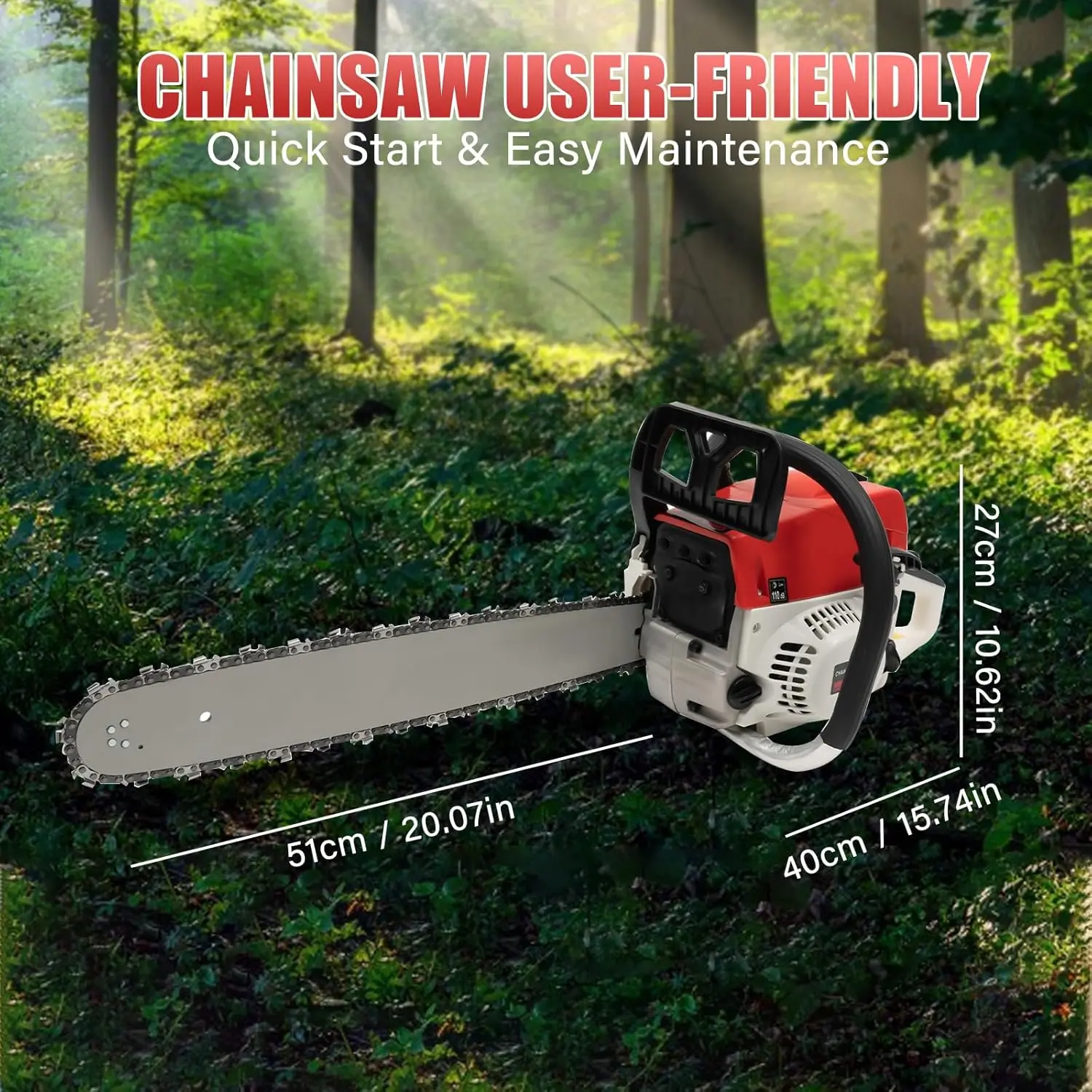 Motosega a gas da 20 pollici Motoseghe a benzina 52CC Set di seghe a catena per motoseghe con motore a 2 tempi per il taglio del legno all'aperto Home Farm (Rosso)