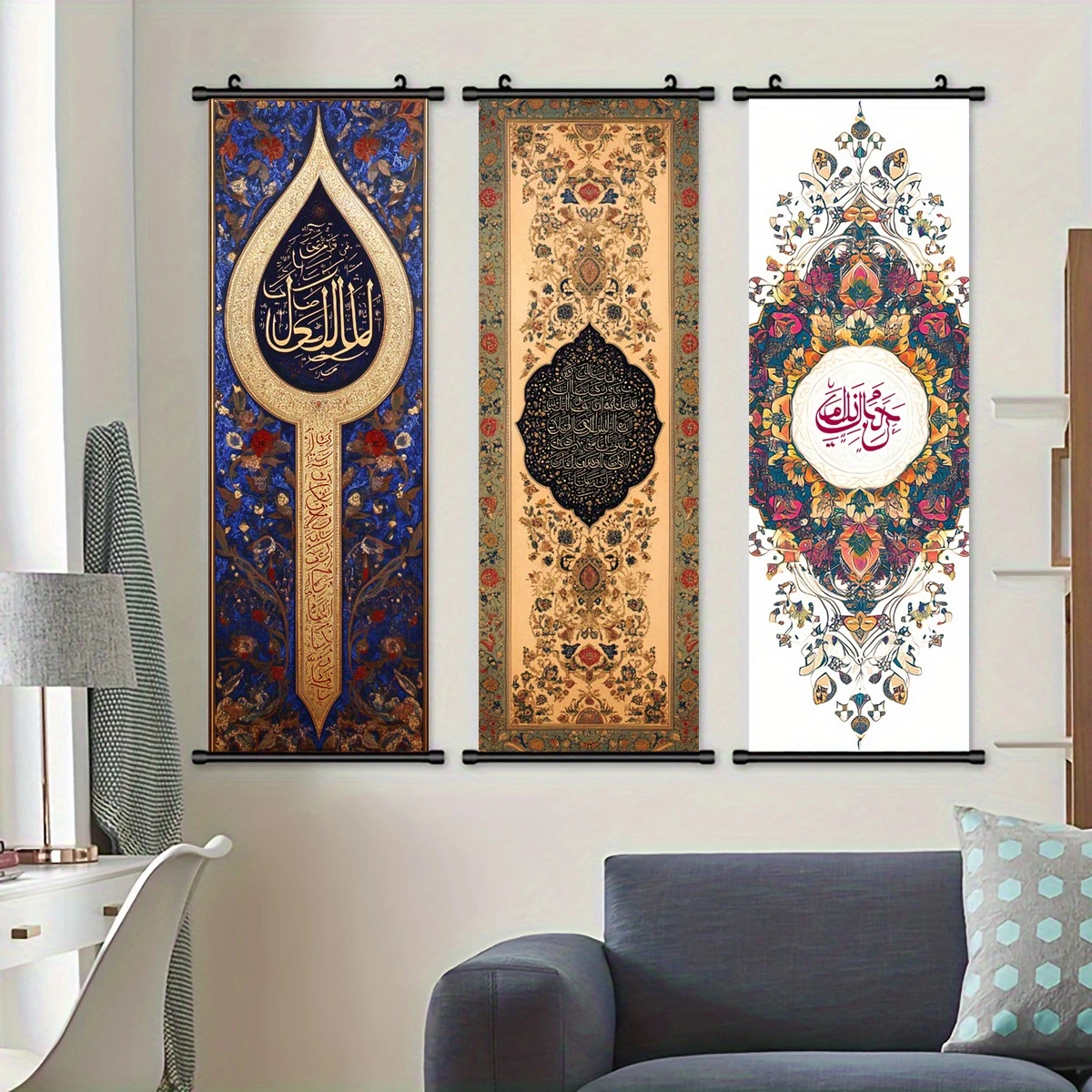Islamic Arabic Calligraphy Tapestry, Persian Floral Pattern Wall Scroll, Muslim Art Fabric Poster, Home Wall Hanging Decor