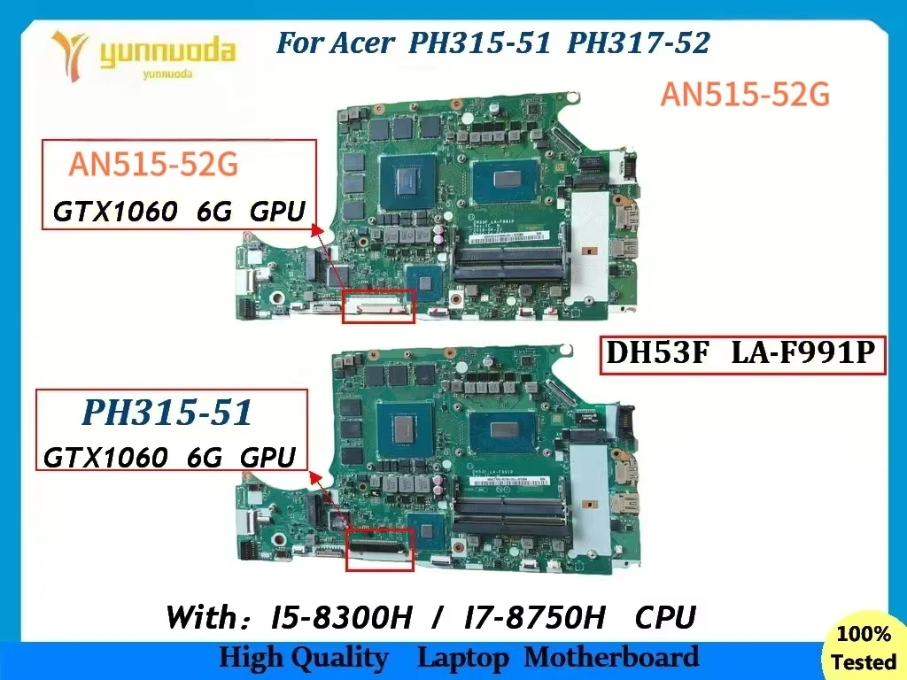 

DH53F LA-F991P для Acer PH315-51 PH317-52 A515-72G, материнская плата для ноутбука с процессором i5-8300HQ i7-8750HQ GTX1060, 6 ГБ графического процессора, 100% тестирование