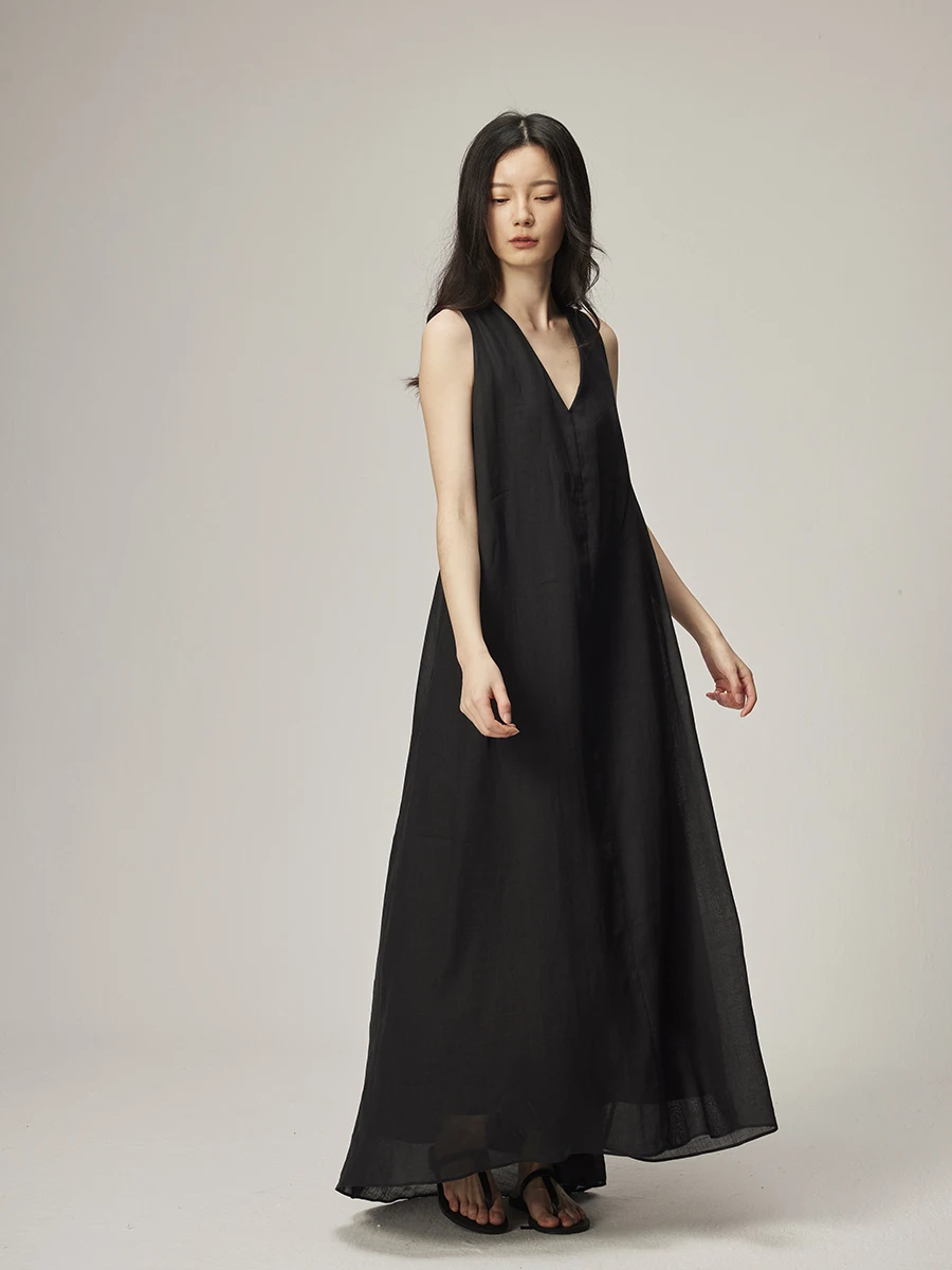 

Новое летнее женское платье-жилет из чистого льна, свободного кроя, длинное, А-силуэта, однотонное