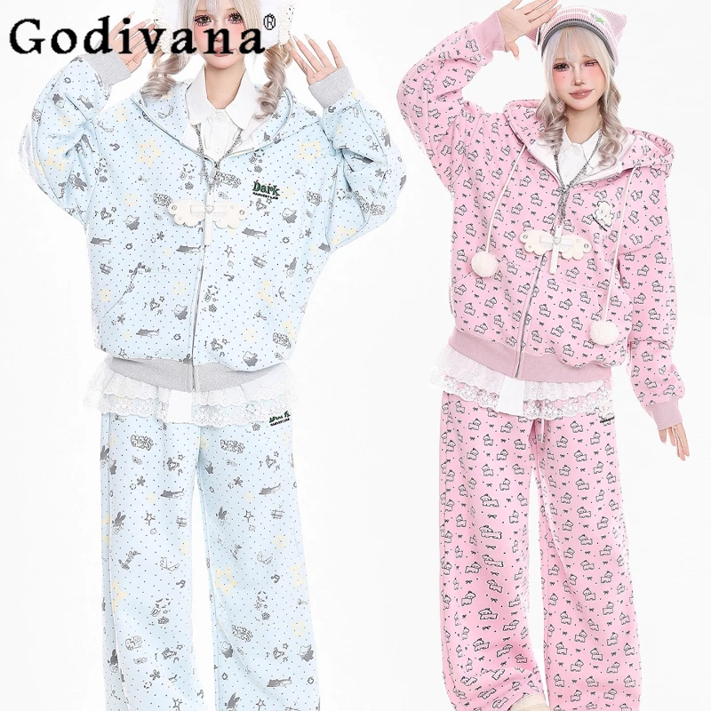 

Print Star Bear Ears Hoodie Set Women Casual Autumn Winter Lolita Suits Female Japanese Style Sweet Pink Blue Pants Outfits