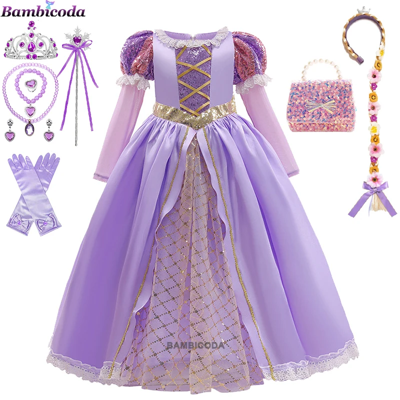 Rapunzel vestido cosplay para meninas, vestidos de princesa anime, traje de carnaval, aniversário, ano novo, verão