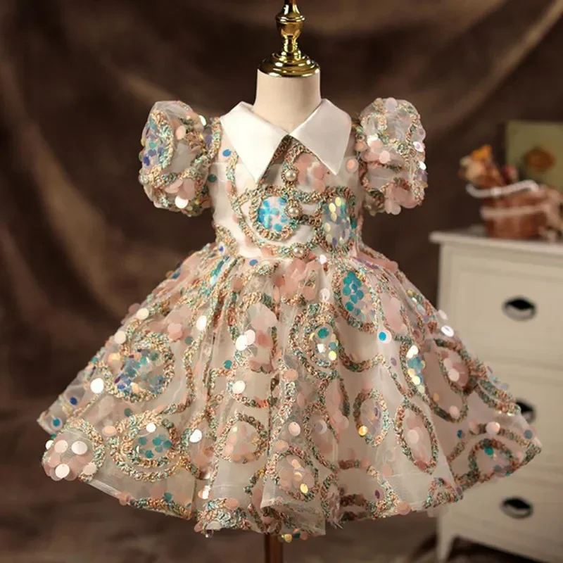 

High-End Sequins Beaded Spanish Turkish Court Vintage Princess Ball Gown Baby Girls 1st Birthday Baptism Party Dresses y484