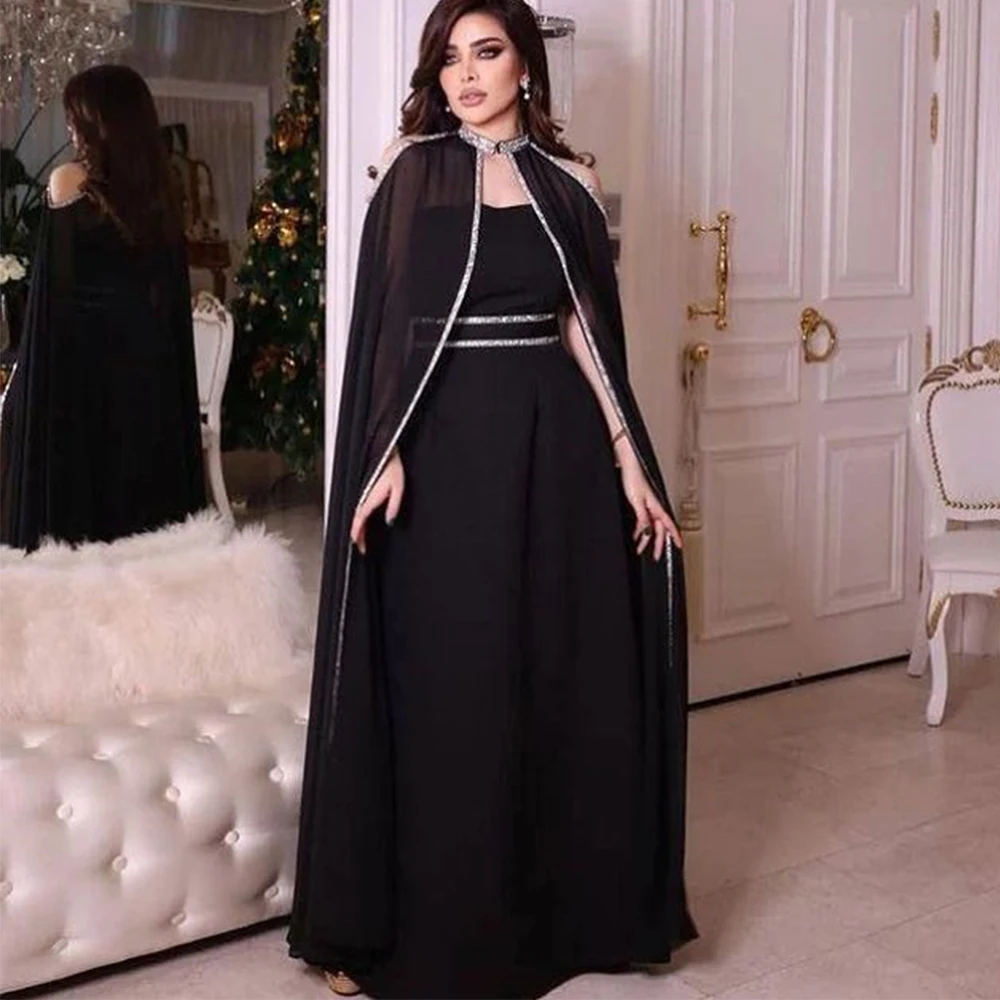 

Flechazo Cloak Long Sleeves Evening Dress Chiffon A-Line Ankle Length with Beading Women Banquet Party Custom Made Gowns