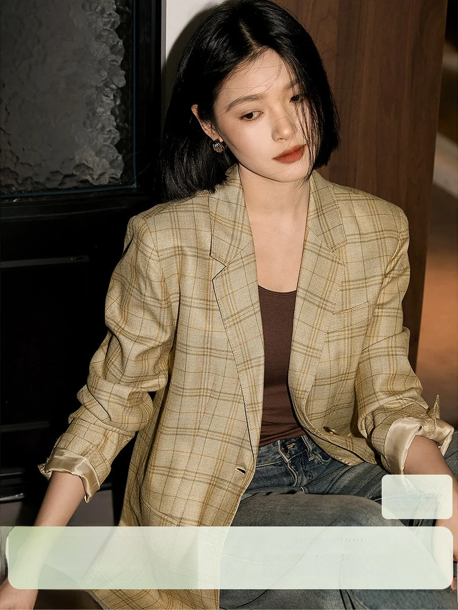 

Женский костюм Xhange из шерсти и шелка, цвета хаки, в клетку, прямого кроя, с длинным рукавом, стандартной длины, с плоским воротником, весенняя мода