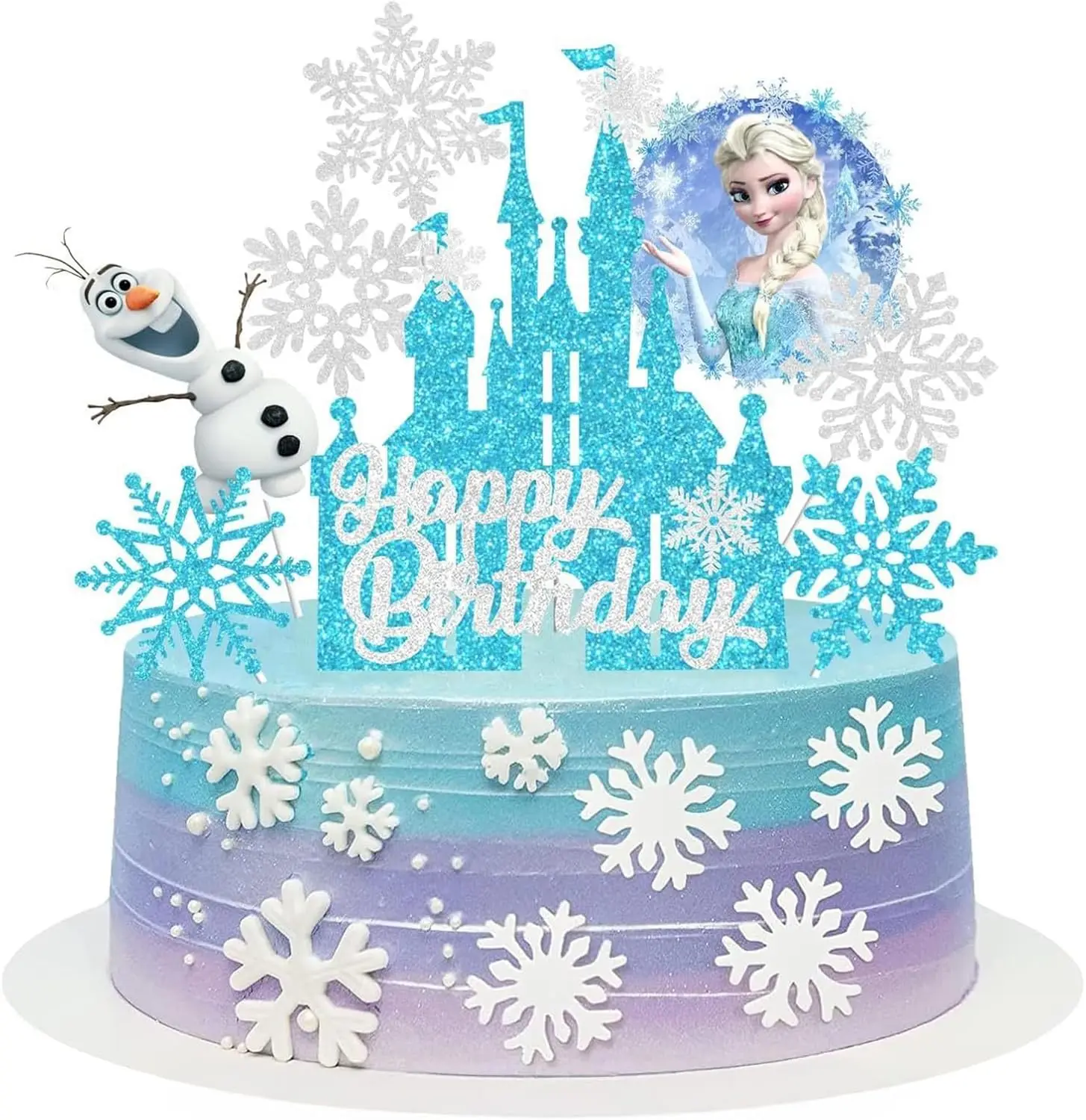 Ensemble de 8 décorations de gâteau sur le thème du Frozen, avec château scintillant, flocons de neige, joyeux anniversaire, décorations de gâteau sur le thème de la princesse des glaces d'hiver