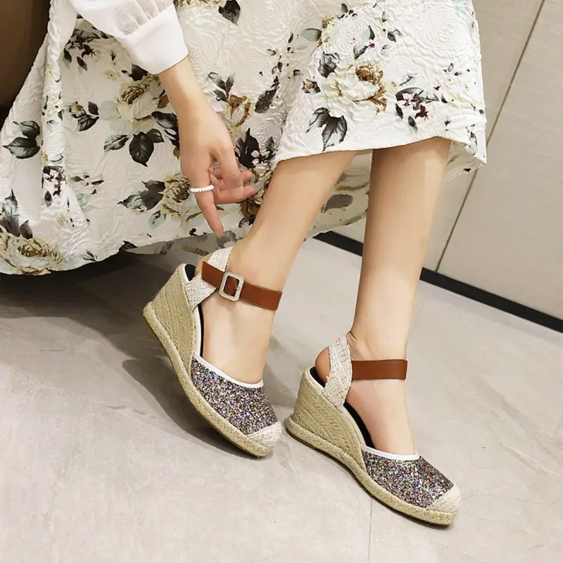 QPLYXCO Sequined Glitter Bling Summer Shoes For Woman Close Toe Mary Janes Hemp Platform Wedges Heels Women Espadrilles Sandals