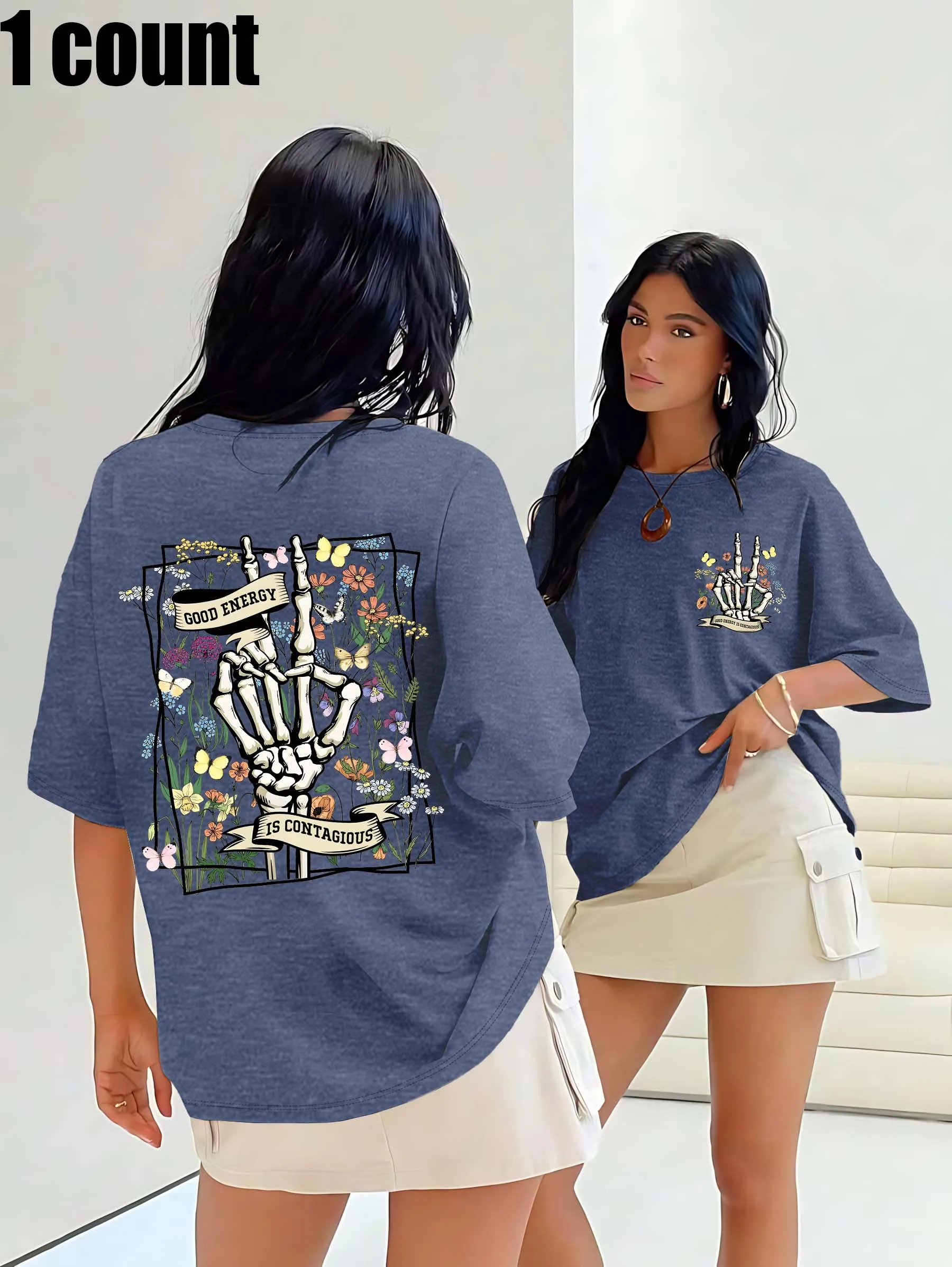 Plus - Size เสื้อยืดคอกลมสีขาว Good Energy - Contagious - พิมพ์ธีม: Boho - มีรสชาติและบวก - มีกลิ่น