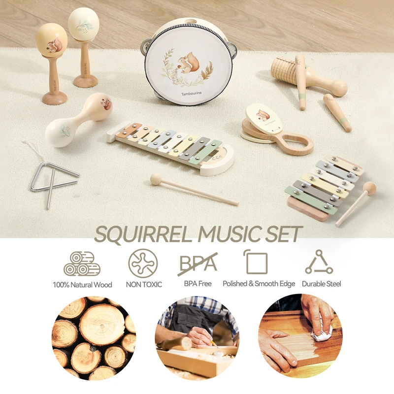 Baby Houten Montessori Eekhoorn Patroon Muziekinstrumenten Multifunctioneel Muzikaal Spel Interactieve Instrumenten Pasgeborenen Geschenken