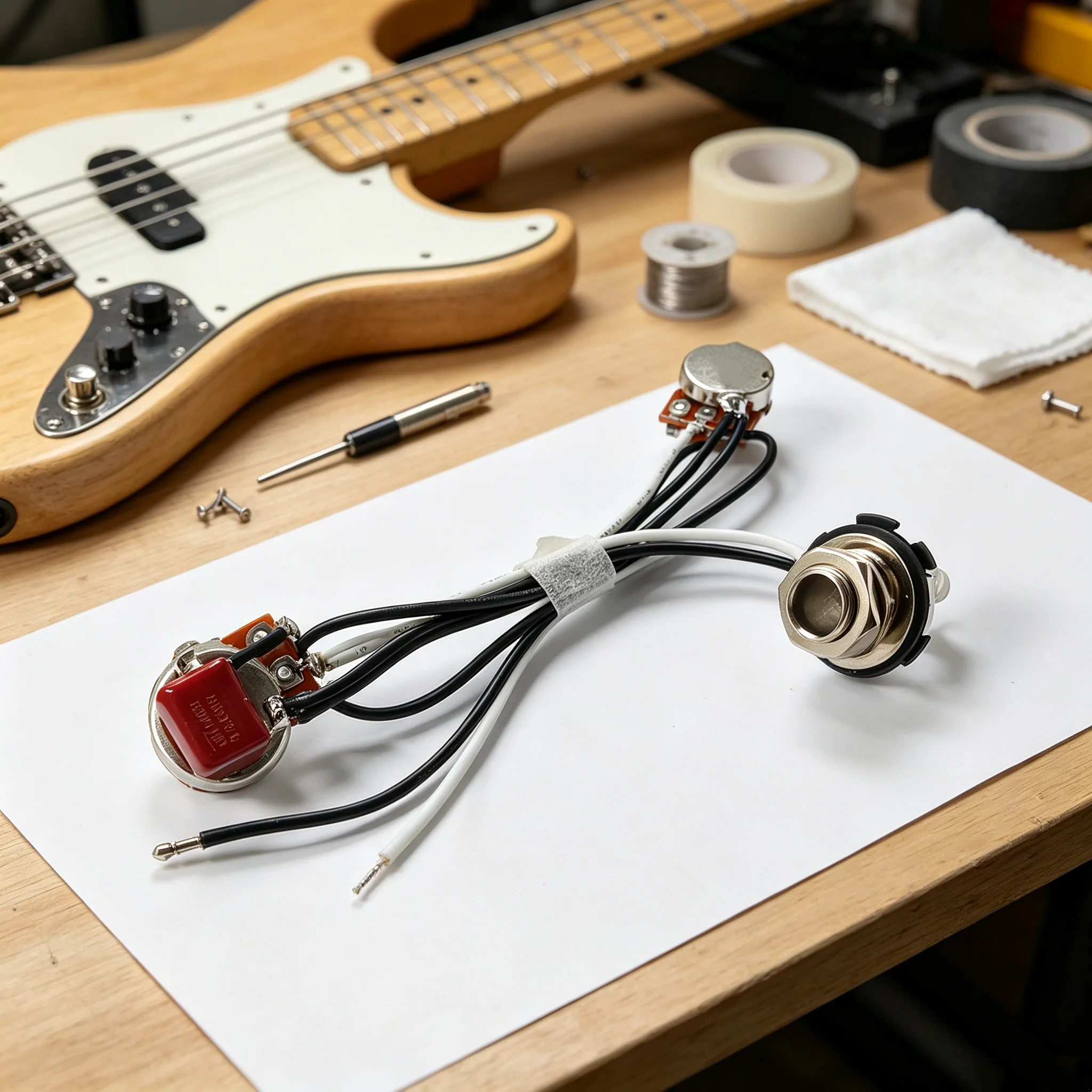 RUKOVA Vorverdrahteter PB Bass-Schaltkreis-Bausatz, Mini 500K Lautstärke- und Tonregler, PVC-Kabel & Ausgangsbuchse für Precision Bass Gitarre