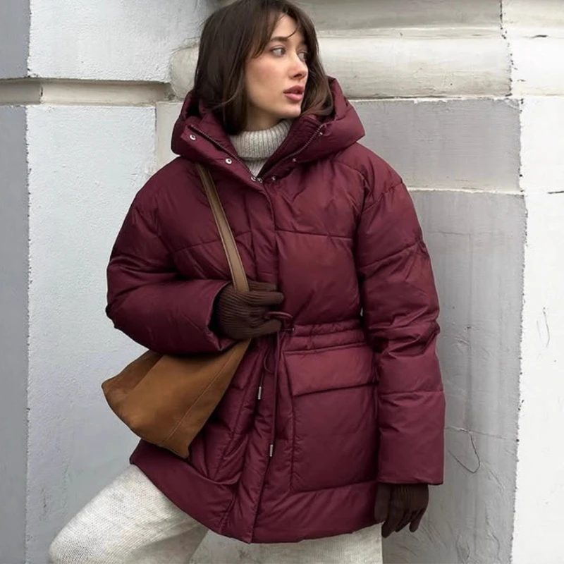

TARUXY Hooded Tie-Waist Padded Jacket Women's Casual Pocket Zipper Puffer Warm Cotton Down Jacket Loose 2025 Winter New Coat