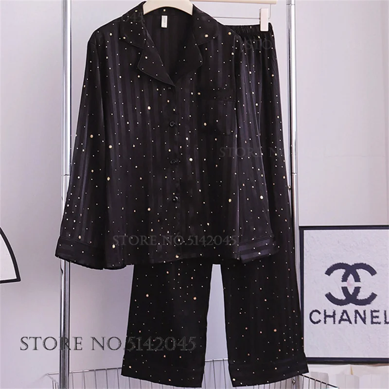Fashion Stripes Sequins 2Pcs Pajamas Set Women's Sleepwear Spring Autumn Long Sleeve Trouser Pijamas Suit Silk Satin Home Wear