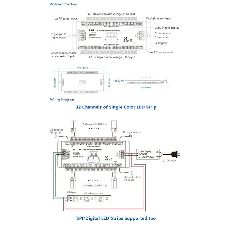 A21I-ES32 Treppen-Controller, PIR-Sensor, 32 Kanäle, einfarbig, 2 Kanäle, RGB-Pixel, SPI, LED-Streifen, Dimmer, Treppenlicht-Controller, 5 V-24 V