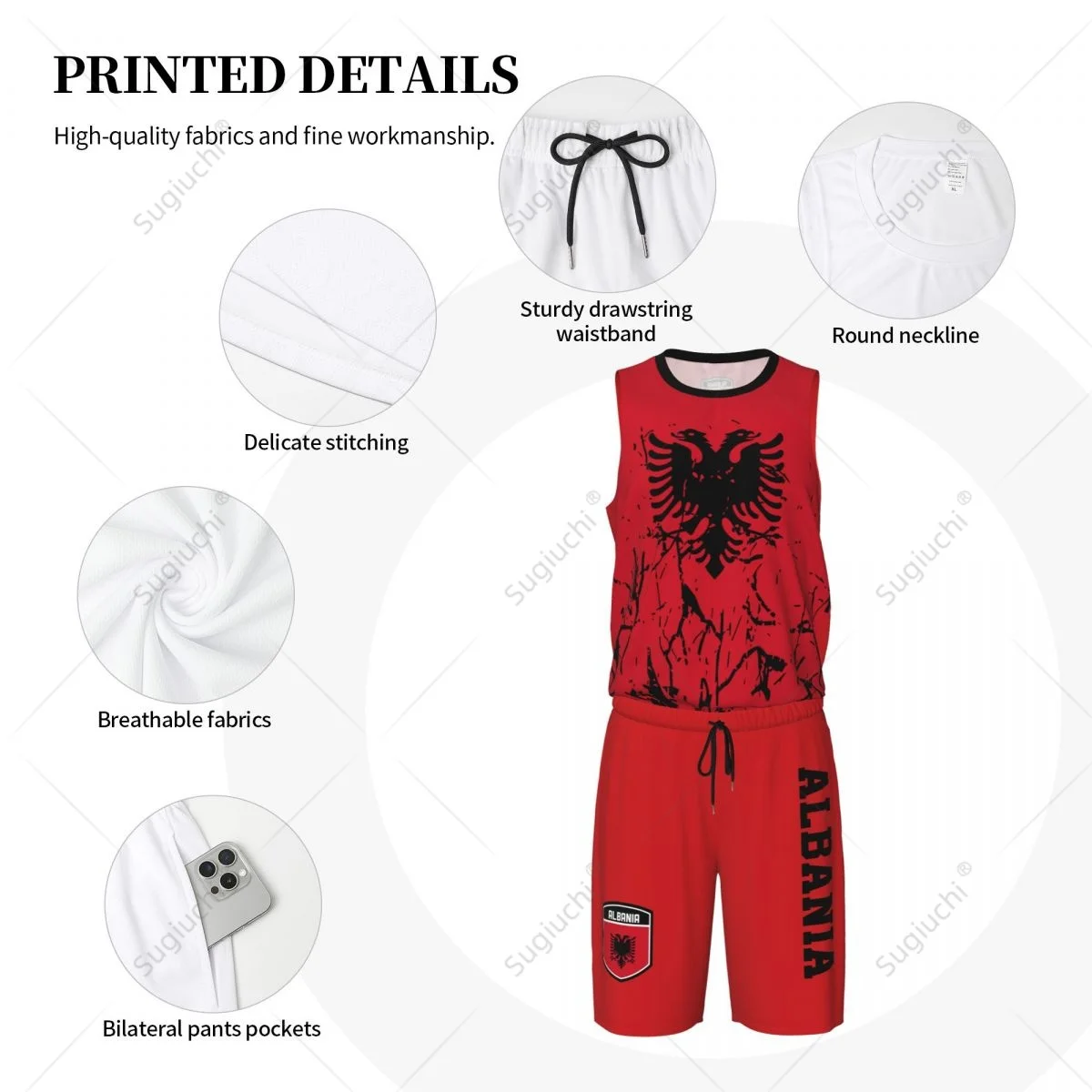 Team-up Albania Flag Grain Men basket Jersey Set camicia e pantaloni senza maniche nome personalizzato Nunber esclusivo