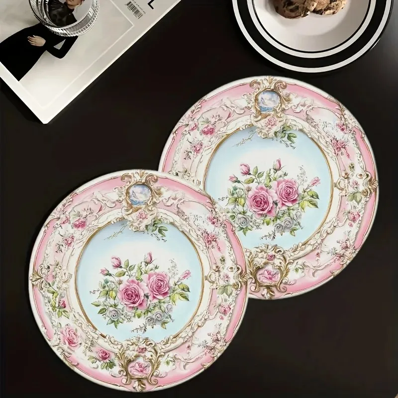 VIKAMA French Rococo Pink Rose Round Placemat, Vintage Waterproof Heat‑Resistant Luxury Table Decor