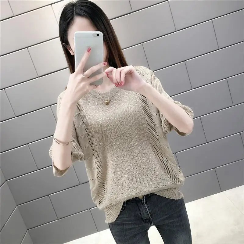 Spring Summer Thin Bat Sleeve Knit Top for Women 2023 New Loose Relaxed Pullover Round Neck Hollow Short Sleeve Bottom Top