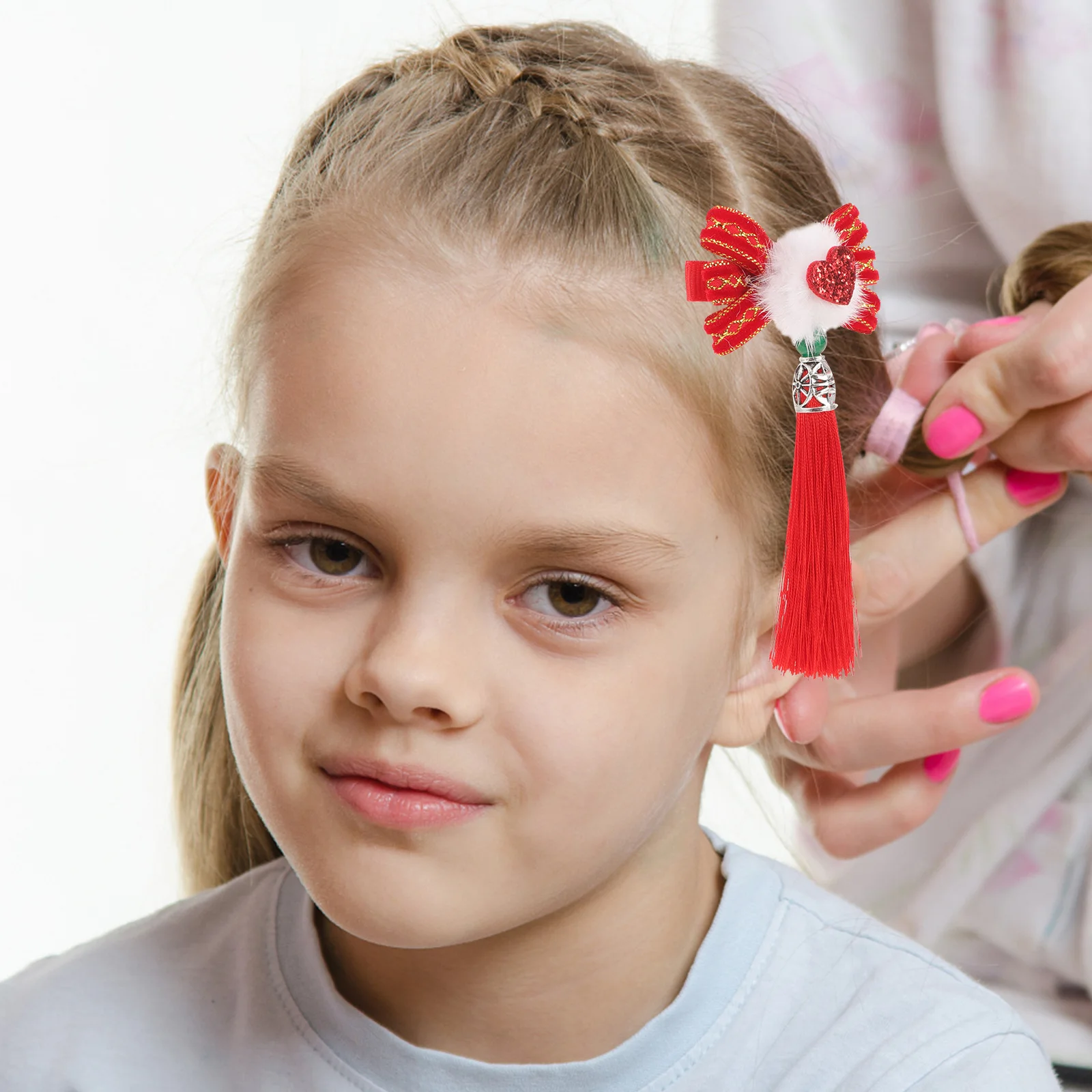 

2 Pcs Red Tassel Hairpin Heart-shaped Fabric Hair Clips Women Girls Accessories Hanfu Wedding Party Decorations
