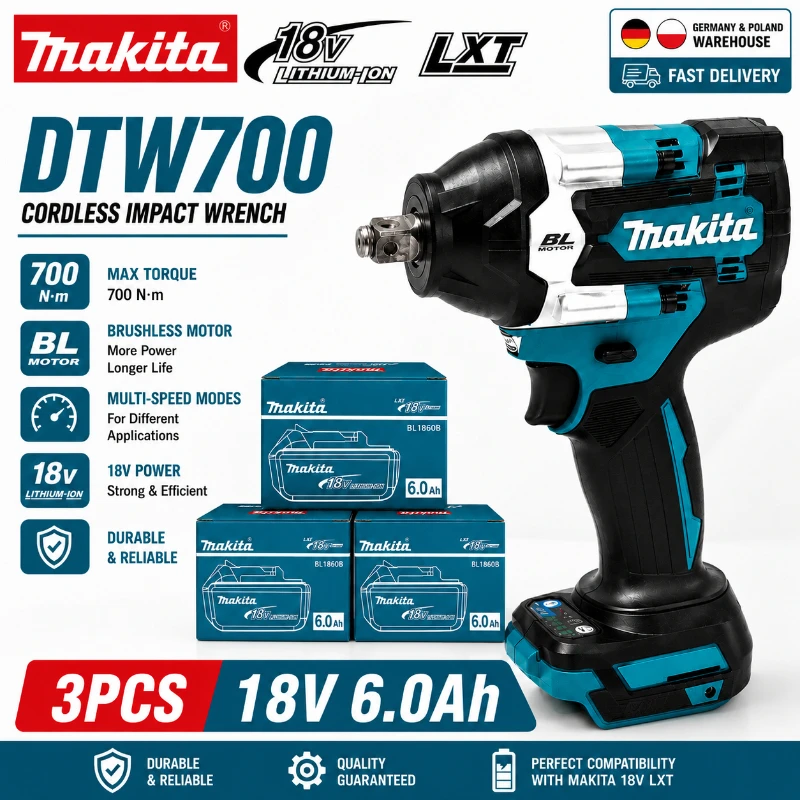 Original Makita DTW700 18V Bürstenloser Akku-Schlagschrauber 700Nm Hochdrehmoment 1/2 Zoll Elektrischer Schlagschrauber mit Auto-Stopp-Funktion und variabler Geschwindigkeit, kompatibel mit Makita LXT