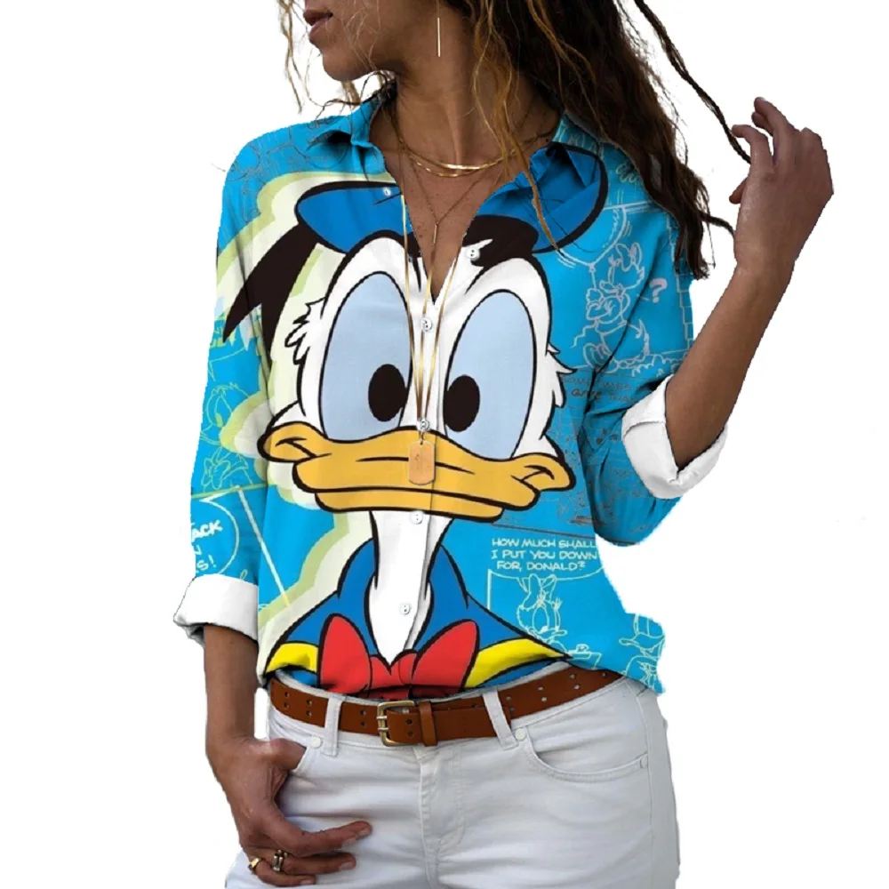 New 2024 Harajuku slim fit 3D printed women's button long sleeve lapel Mickey Minnie Donald Duck casual cute shirt y2k