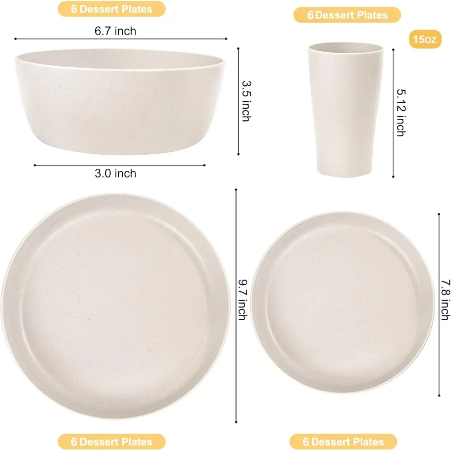 EI 24pcs Wheat Straw Dinnerware Set Beige Wheat Straw Plates Reusable Unbreakable Deep Dinner Hard Premium Plastic Plates for K