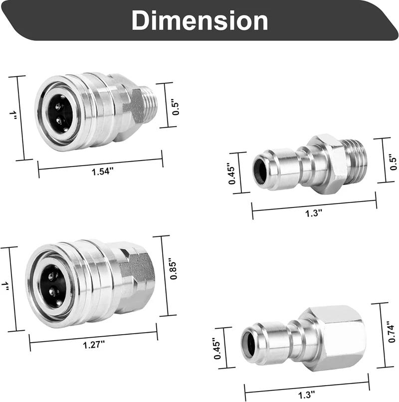 1/4 Inch Quick Connect Pressure Washer Fittings Stainless Steel Male and Female Adapter Set (Internal Thread, External Thread)
