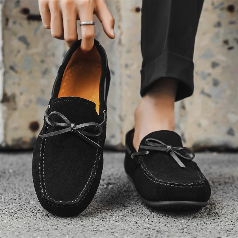Korean style mens casual cow suede leather shoes slip-on tassels driving shoe black brown breathable flats loafers mans footwear image 4