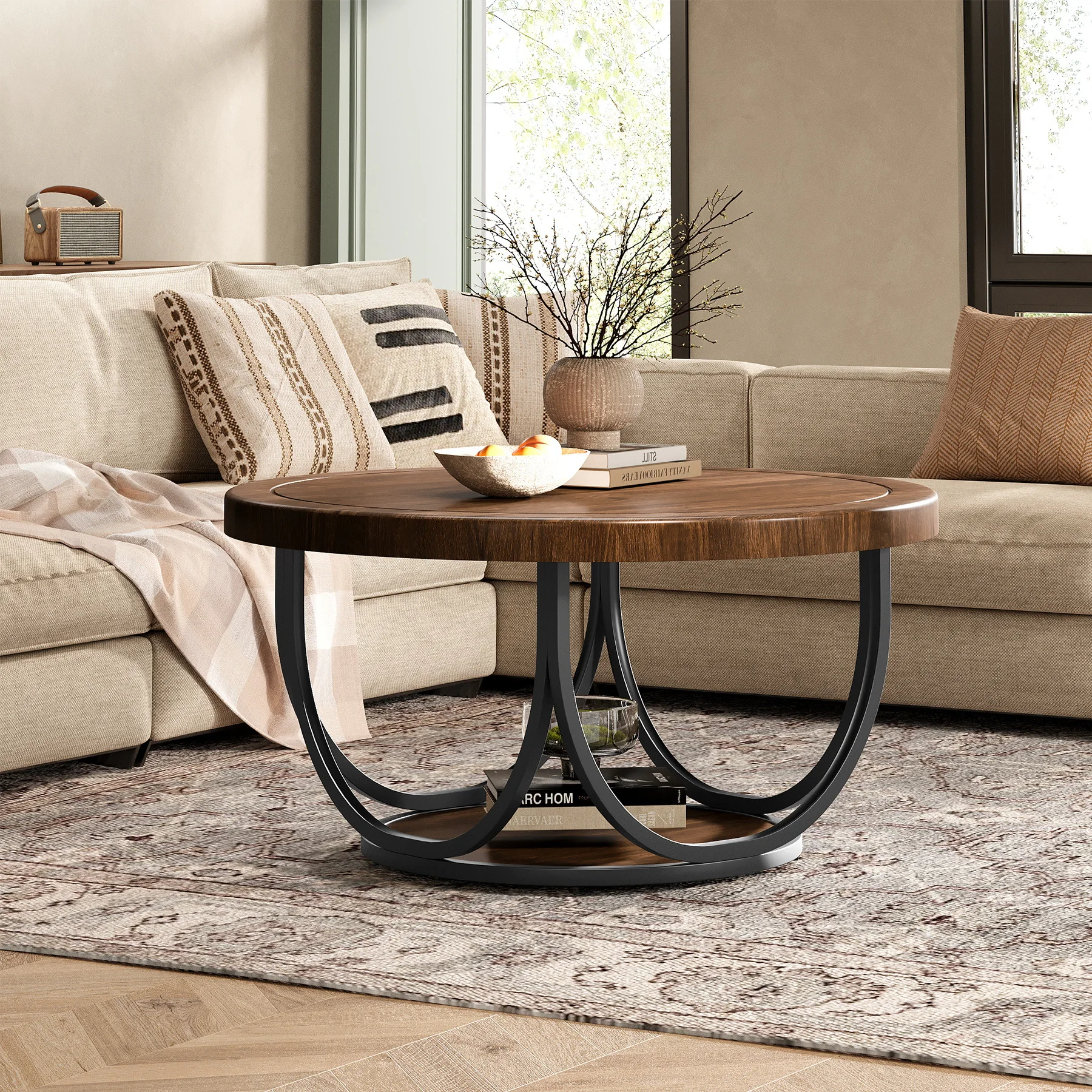 Modern Small Coffee Table Wood Top Metal Frame Eco-Friendly Home Furniture Living Room Dining Hotel Use Easy Clean 1 Year
