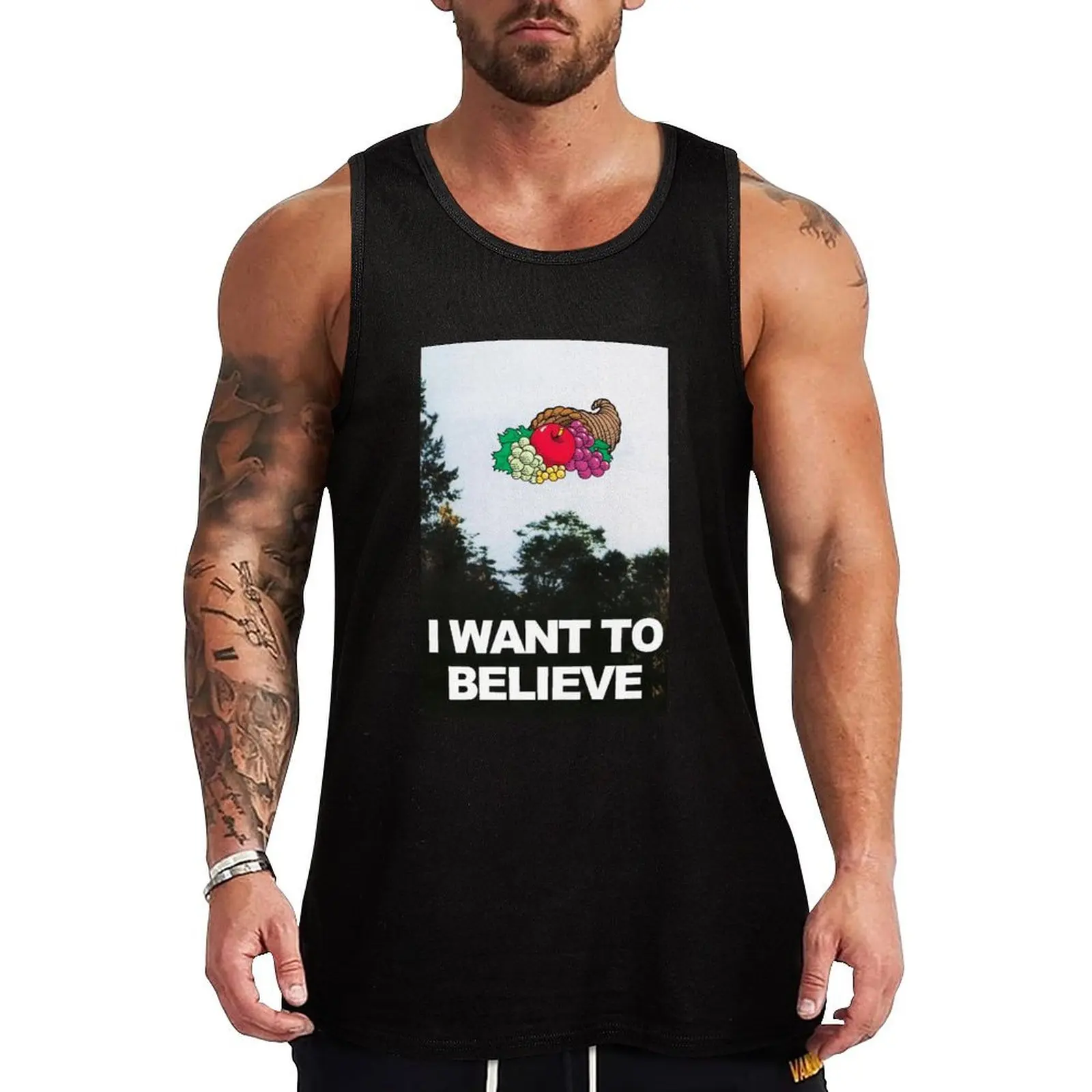 

I Want To Believe- Cornucopia- Fruit of the Loom- Mandela Effect-X-Files Tank Top clothing men T-shirt sports