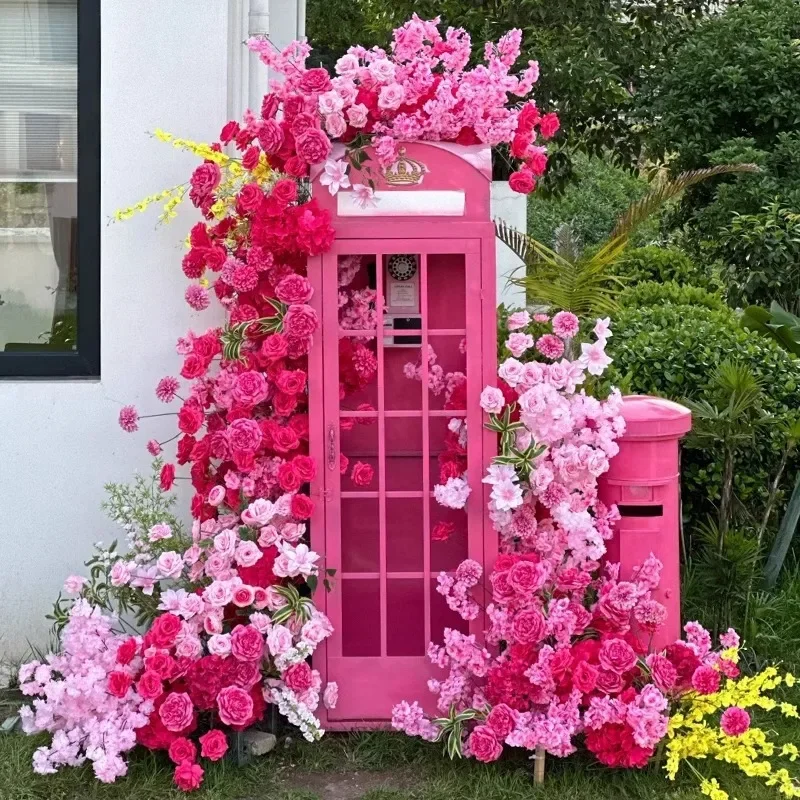 Internet celebrity clock in retro phone booth simulation flower ornament outdoor large decoration shopping mall