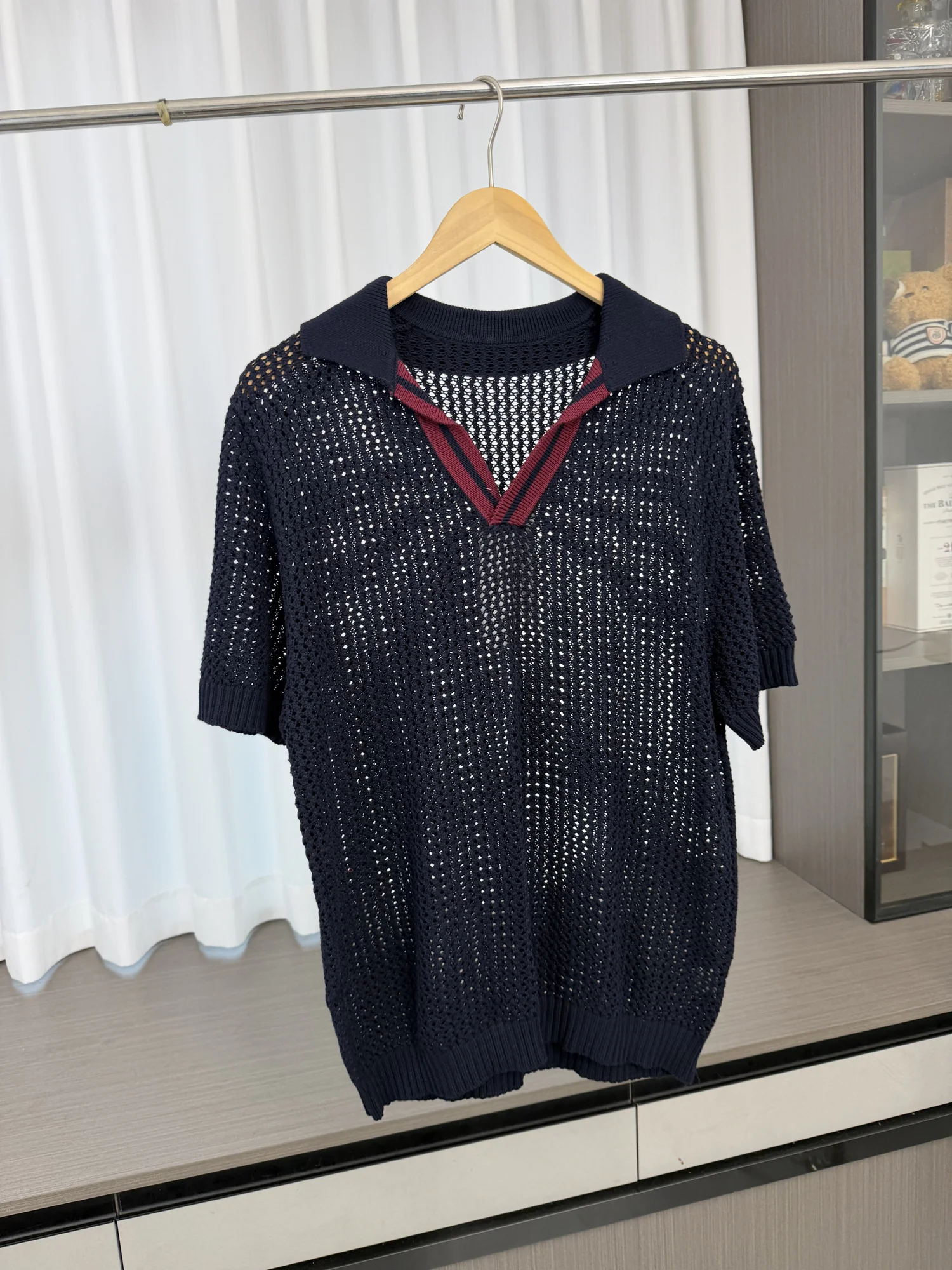 

Loose Casual Men's Knitted V-Neck Shirt Summer Breathable Quick Dry Color Block Hollow out Design Comfortable Short Sleeve
