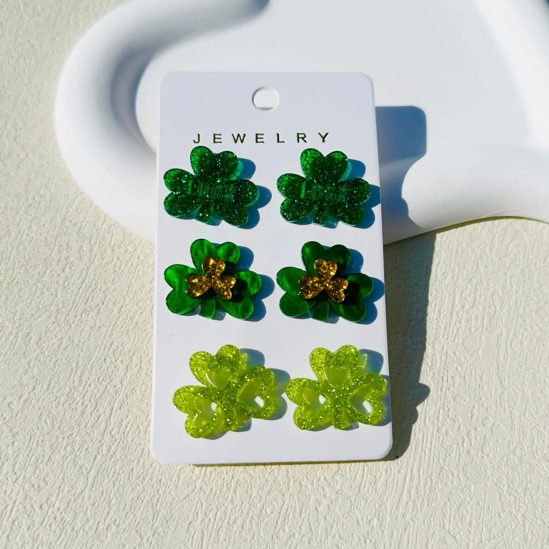 St Patrick’s Day 3 Leaf Clover Kelly Green and Lime Chunky Glitter Acrylic Earring Set - Shamrock Acrylic Stud Earring 3 Pairs