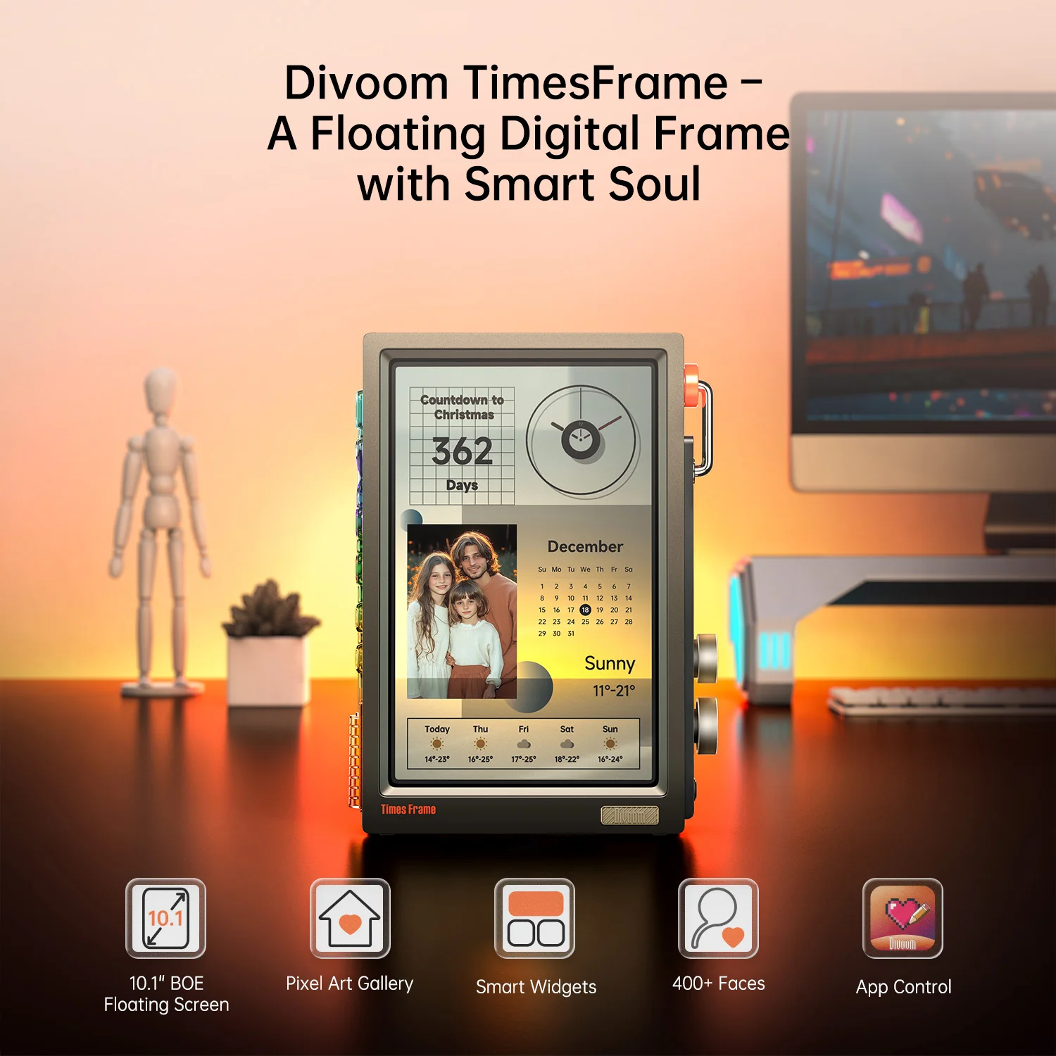 إطار Divoom Times مقاس 10.1 بوصة ساعة رقمية ذكية |   Pixel Art DIY، مخزون التشفير، الطقس والتقويم |   إعداد مكتب الهدايا التقنية