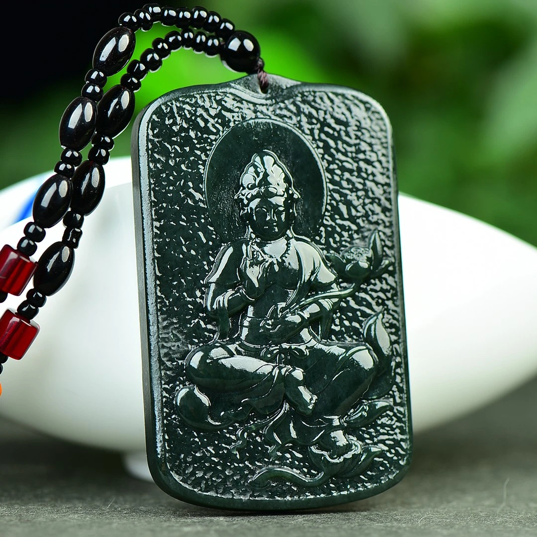 

Natural Nephrite Green Jade Guanyin Necklace Men Women Fine Jewelry Genuine Chinese Hetian Jade Guan Yin Pendant Sweater Chain