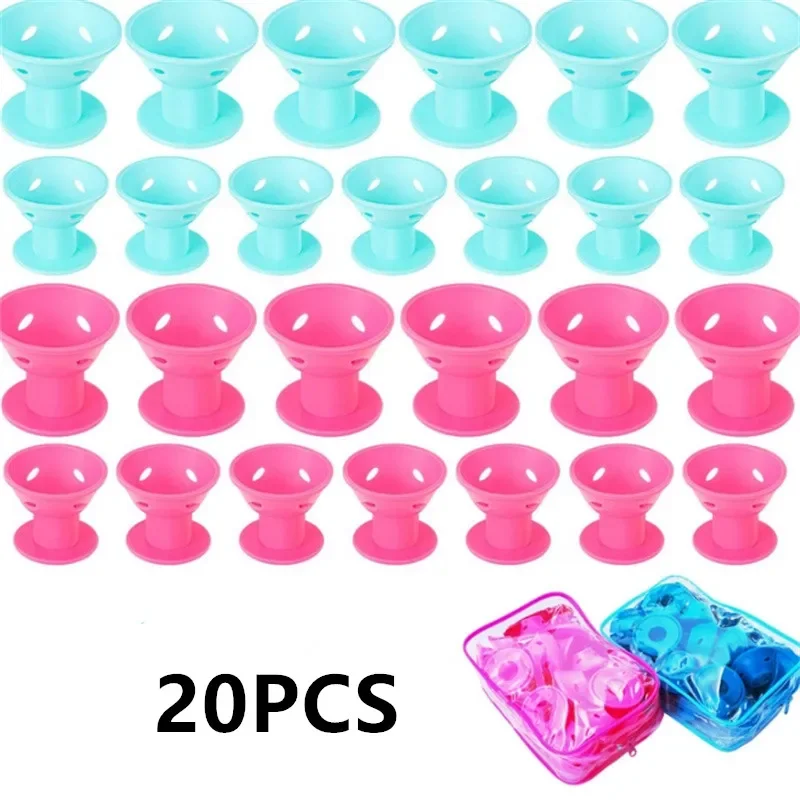 

20PCS Pink Silicone Curlers Heatless Sleeping Bangs Roll Mushroom Bell Curlers Curly Hair Tubes For Women Girls Hair Curler