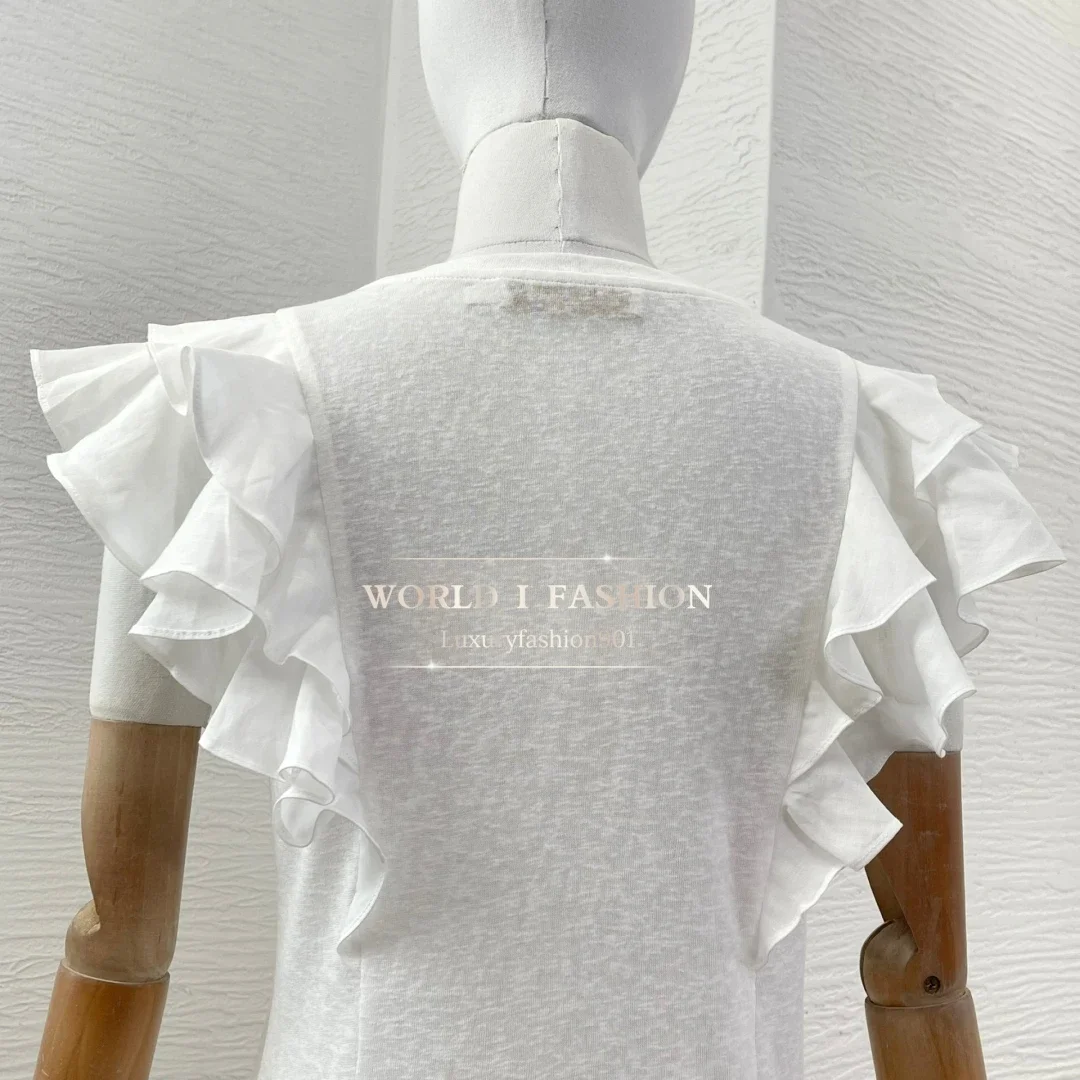 

High Quality 2025 New Style All-match White Ruffled Short-sleeved Shirt Top