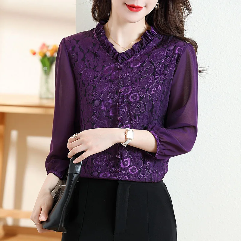 Women French Purple Vintage Lace Blouses Office Lady Elegant Chic Casual Loose Fashion Chiffon Shirts Temperament Top